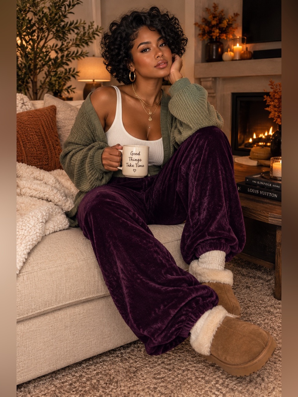 UGG Plush Wide-Leg Lounge Pants in Deep Plum